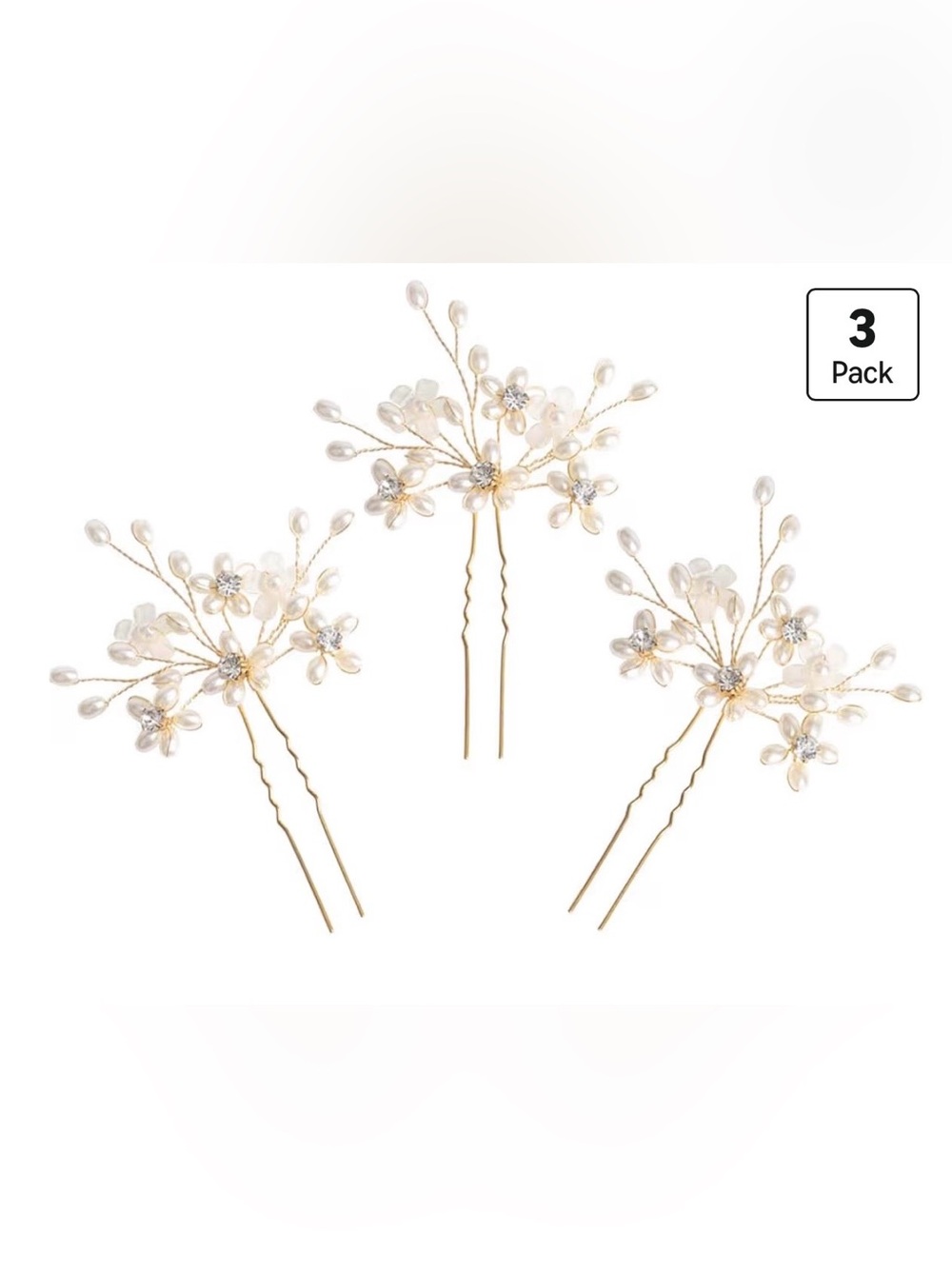 Gold Pearl Floral Hair Pins for Brides - Set of 3